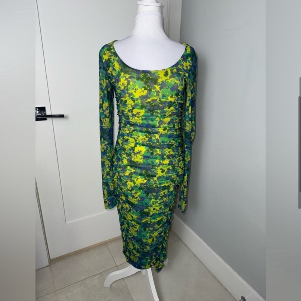 Ganni Ruched Printed Long Sleeve Stretch-Mesh Midi Dress - Picture 5 of 12